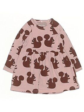 Mini Rodini Organic Cotton Pink Brown Squirrel Print Long Sleeve Dress 12-18M